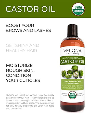 velona - Óleo de Rícino Orgânico Certificado pelo USDA – 64 oz | Para Cabelos, Fortalece Cílios, Sobrancelhas | Extraído a Frio, Óleo Natural, Grau USP | Livre de Hexano  Velona
