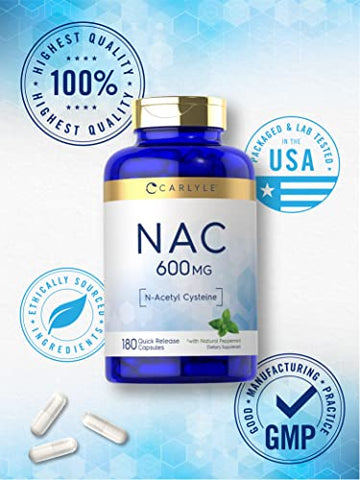 NAC N-Acetil Cisteína 600mg | 180 Cápsulas | com Hortelã-Pimenta | Suplemento em Forma Livre | Não-OGM, Sem Glúten | Carlyle - Carlyle