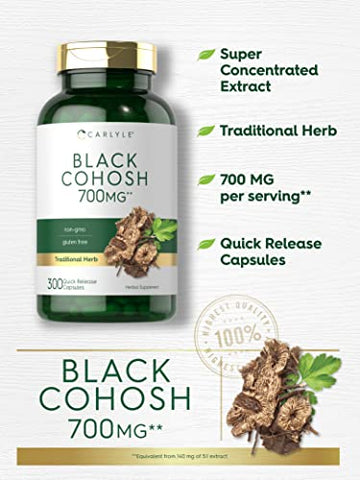 Cápsulas de Cohosh Preto | 700mg | 300 Unidades | Fórmula Livre de Transgênicos e Glúten | Extrato de Raiz de Cohosh Preto - Carlyle