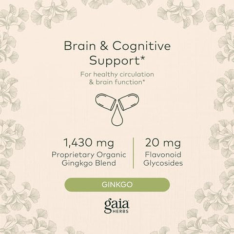 Ginkgo Leaf – Suplemento Herbal Orgânico para Circulação e Função Cerebral Saudáveis – 60 Cápsulas Líquidas Veganas de Fitoterapia (20 Dias de Fornecimento) - Gaia Herbs