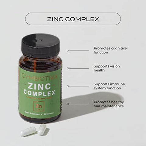 Zinc Complex – Suplemento de Zinco de Alta Absorção com Cobre – Picolinato de Zinco, Monometionina de Zinco – 60 cápsulas - CYMBIOTIKA