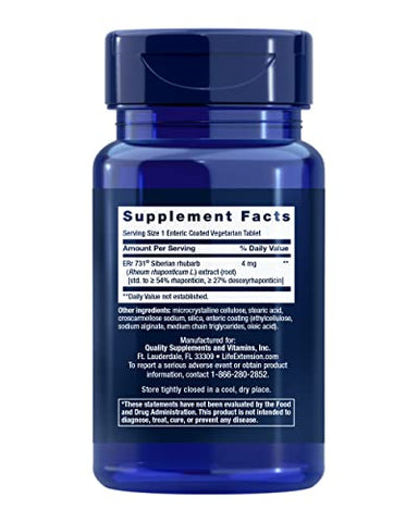 Suplemento para a Menopausa Life Extension 731 – Ruibarbo Siberiano – Alívio de Fogachos, Oscilações de Humor e Suores Noturnos – Sem Glúten, Não-OGM, Vegetariano – 30 cápsulas