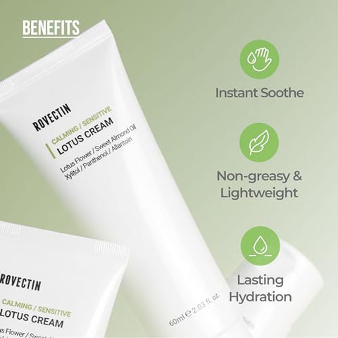 Calming Lotus Water Cream – Creme Facial Hidratante Leve para Pele Oleosa e Mista | 75% Extrato de Água de Lótus para Purificação e Anti-Envelhecimento | Vegano Coreano | 50g - ROVECTIN