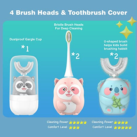 Geacker - Escova de Dentes Elétrica Infantil, U Shaped Escova de Dentes Infantil Sonic Automática com 4 Cabeças de Escova 6 Modos de Limpeza à Prova d’Água IPX7 Recarregável com Temporizador Inteligente para Crianças (8-14 anos)