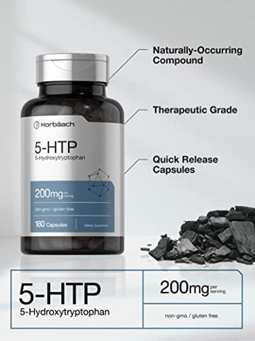 5HTP 200mg Cápsulas | 180 Unidades | Griffonia Simplicifolia | Suplemento Extra Forte de 5HTP | Livre de OGM, Sem Glúten | 5 Hidroxitriptofano - Horbäach