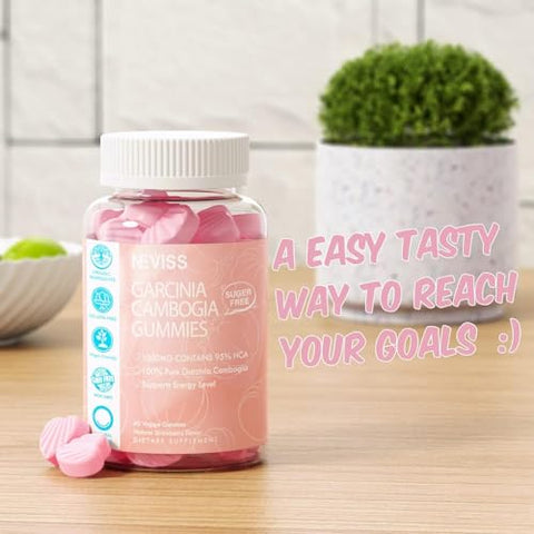 NEVISS - Gummies Garcinia Cambogia Sem Açúcar 1000mg 95%% HCA com L-Carnitina, Cetona de Framboesa, Cromo, Café Verde para Metabolismo, Energia, Extrato Orgânico 100%%, Vegano
