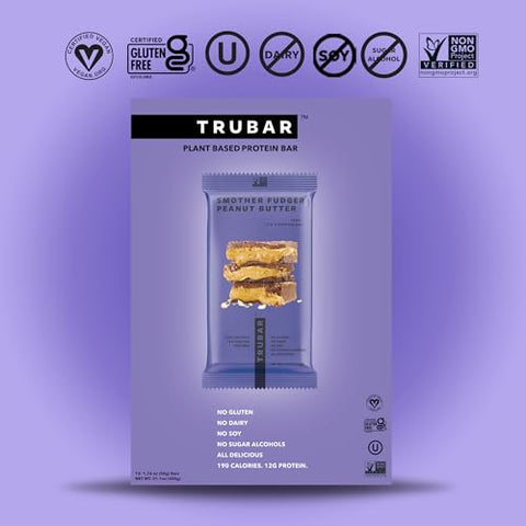 Barra de Proteína Vegana, Smother Fudger Manteiga de Amendoim, Sem Glúten, Proteína à Base de Plantas, Sem Laticínios, Não Transgênico, Sem Soja, Sem Álcoois Açucarados, 12g de Proteína, 12g de Fibra, Saudável e Delicioso - TRUBAR