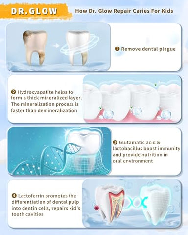 Dr. Glow - Creme Dental Infantil Reparador de Cáries, Creme Dental de Hidroxiapatita sem Flúor, Creme Dental Remineralizante para Reparar Dentes de Crianças, Tratamento para Combater a Cárie Infantil com Sabor de Frutas