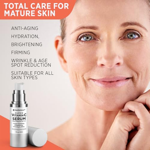 HealthyDerm - Super Serum Vitamina C para Mulheres Acima de 70: Vitamina C, Ácido Hialurônico, Vitamina E, Cafeína, Hidratante, Efeito Lifting, Redução de Rugas Faciais