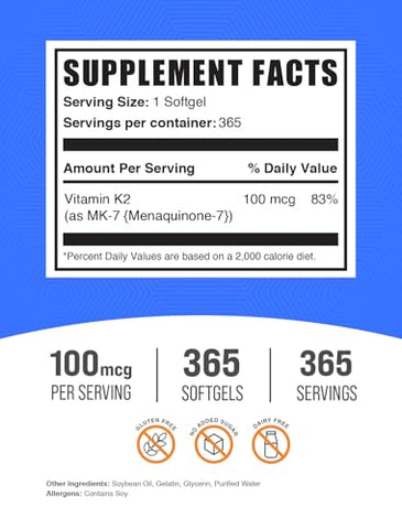 com Softgels de Vitamina K2 – Vitamina K2 MK7, Suplemento de Vitamina K2, Vitamina K2 MK7 para os Ossos – Livre de Glúten, 100 mcg de Vitamina K2, 1 Softgel por Porção, 365 Unidades - BulkSupplements