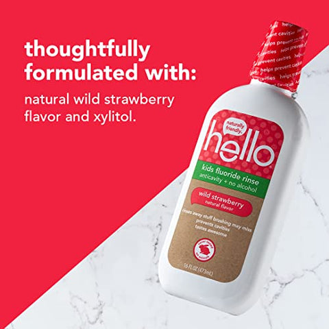hello - Hello Kids Enxaguante Bucal de Morango Silvestre Natural – Vegan, Livre de Álcool e SLS – Crianças a partir de 2 anos – 16 Ounce (Pack com 3)