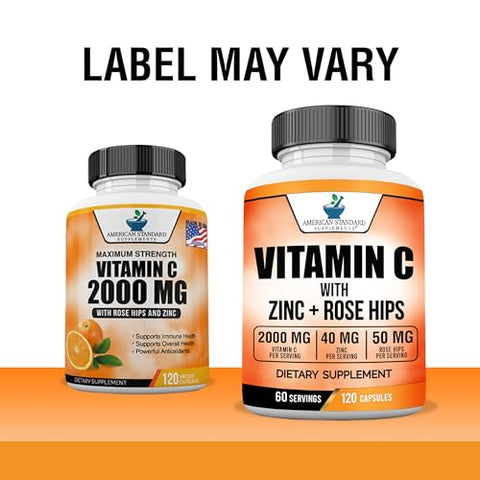 Vitamina C 2000mg, Zinco 40mg e Rose HIPS 50mg Por Porção – Vegano, Sem Glúten, Não-OGM, 120 Cápsulas, 60 Porções - American Standard Supplements