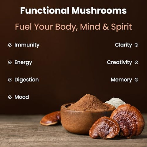 NutraChamps - Pó de Cogumelo Orgânico – Complexo 10 em 1 – Leão da Montanha, Reishi, Shiitake, Chaga, Cauda de Peru, Cordyceps, Maitake
