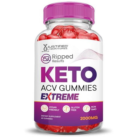 Justified Laboratories - (2 Pacotes) Gummies Extreme Ripped Results Keto ACV 2000MG – Gummies Ripped Results Keto de Vinagre de Maçã Formulados com Suco de Romã e Beterraba em Pó B12 Vegan Non GMO 120 Gummys
