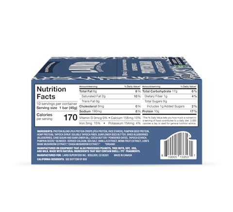 Barras de Proteína Funcional, Barra de Proteína Melhorada com Ingredientes Reais, Cogumelos Funcionais 10g de Proteína Vegetal, 6g de Fibra, Manteiga de Girassol e Mirtilo, 10g - Laird Superfood