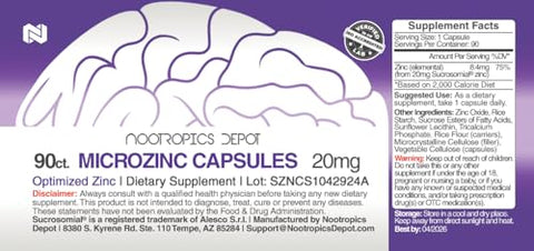 Cápsulas de MicroZinc | 20mg | Suplemento de Zinco Otimizado | 90 Unidades - Nootropics Depot
