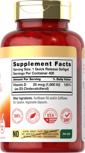 Vitamina D3 1000 UI | 400 Softgels | Fórmula Livre de Transgênicos e Glúten | 25 mcg | Comprimidos de Vitamina D3 - Carlyle