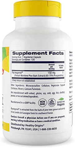 Pycnogenol 150 mg – Extrato Premium de Casca de Pinheiro Marítimo Francês para Saúde Cardíaca e Cuidados com a Pele - Healthy Origins