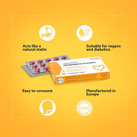 DOCTORSMED - Cholesterin Komplex | 30 Comprimidos Veganos | Suplemento para Manter Níveis de Colesterol | Extrato de Arroz Vermelho com Monacolina K | Sem Glúten, Sem Lactose | Fabricado na Europa
