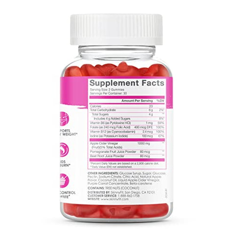 Gummies de Vinagre de Maçã com a Mãe, Peso Saudável, Suporte Imunológico, Vitamina B9, B12, Beterraba, Romã, Vegano, 60 Unidades - SkinnyFit