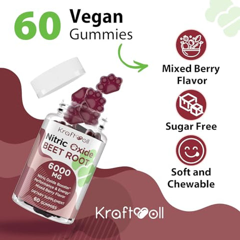 Kraftvoll - Gummies de Beterraba em Pó 6000MG – Sem Açúcar, Pó de Semente de Uva, Pó de Romã, Vitamina C e B12 – Sabor Misto de Frutas Vermelhas, 60 Gummies