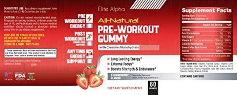 Elite Alpha Labs - Gomas Pré-Treino Energizantes 100% Naturais com Creatina Monohidratada Melhorada ‒ Energia Duradoura, Foco Extremo, Aumenta a Força