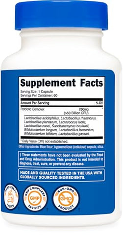 Probiotic Complex – 50 Bilhões UFC, 60 Cápsulas – Probiótico para Homens e Mulheres – Cápsulas Vegetarianas, Livre de Transgênicos, Sem Glúten - Nutricost