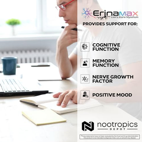 Cápsulas de Lion’s Mane Erinamax 500mg | Cultura Líquida de Micélio | 2.5mg de Erinacine A | Melhora o Humor e a Cognição | - Nootropics Depot