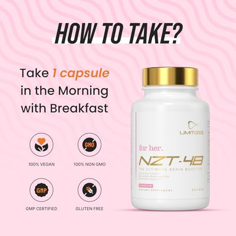 Premium Brain Booster para Mulheres – Suplemento Cerebral Feminino – Suplemento para Memória, Concentração e Energia Natural – Cafeína, AcetvI-L-Carnitina, Vitaminas B6 B12, 30 Porções - NZT-48