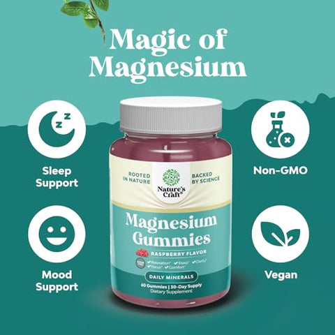 Natures Craft - Gomas de Magnésio Mastigáveis Veganas Sem Açúcar para Adultos – Gomas de Citrato de Magnésio com 180mg de Magnésio Elemental – Gomas Relaxantes de Magnésio Livres de OGM, Halal e Sem Glúten de Frutas Vermelhas – 180g