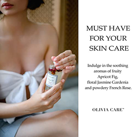Óleos Corporais Olivia Care 3 Pack: Damasco Figos, Rosa Francesa, Jasmim Gardênia – Perfumes Naturais Para Mulheres