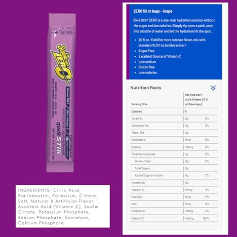Sqwincher Zero - Qwik Stik Zero, 50 Sticks/Bag, Uva – Embalagem com 50 unidades, sem adição de açúcar