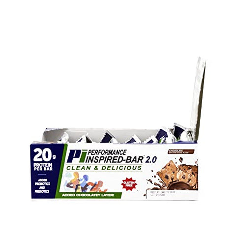 PERFORMANCE INSPIRED - Performance Inspired Nutrition – Barra de Proteína 2.0 – 20g Proteína – 6g Fibra – 4g MCTs – 1 Bilhão CFU Probióticos – 1g Prebióticos – Sem Glúten – Barra de 70g – Chocolate