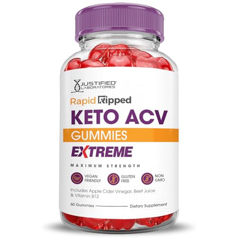 Justified Laboratories - (2 Pacotes) Gomas de Keto ACV Rápido Ripped Extreme 2000MG Rapidripped Keto Gummies Vinagre de Maçã Formulado com Suco de Romã e Beterraba em Pó B12 Vegano Não GMO 120 Gomas