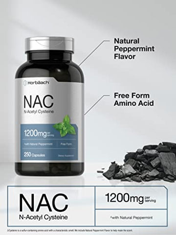 Suplemento Horbäach NAC N-Acetil Cisteína 1200mg | 250 Cápsulas | com Hortelã-Pimenta Natural | Livre de Transgênicos, Sem Glúten