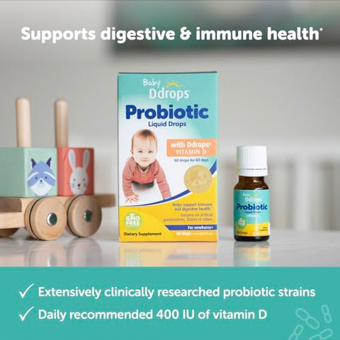 Baby Probiótico com Vitamina D, 60 Gotas – Alívio dos Sintomas de Cólica para Recém-Nascidos e Bebês – Fácil de Usar, Apenas Uma Gota Diária, Sem Açúcar, Não-OGM, Amigo das Alergias - Ddrops