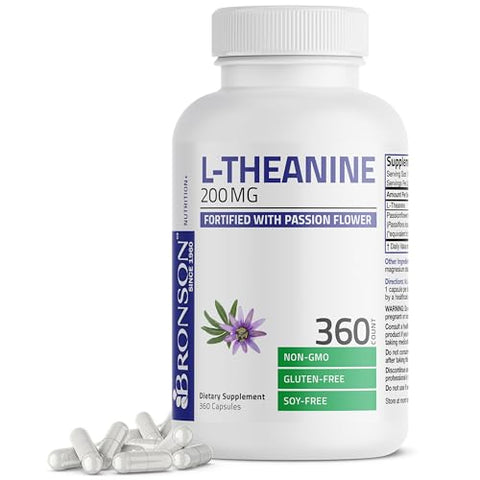 L-Theanine 200mg (Dupla Potência) com Erva de Passiflora, Suplemento para Gerenciamento de Estresse Sem Glúten e Soja, 360 Cápsulas - Bronson