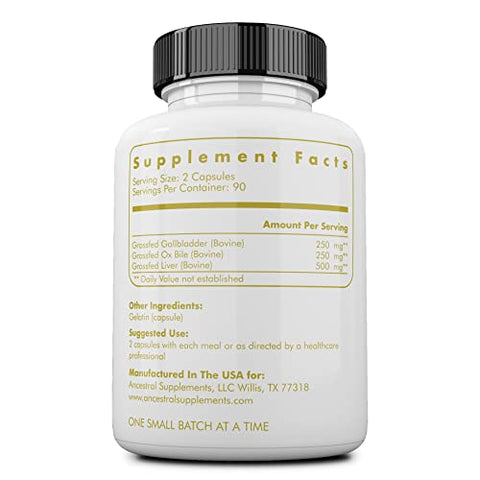 Complexo de Suporte para Fígado e Vesícula Biliar com Suplementos de Vesícula Biliar e Fígado de Gado Alimentado com Capim, 1000mg, Promove a Vesícula Biliar - Ancestral Supplements
