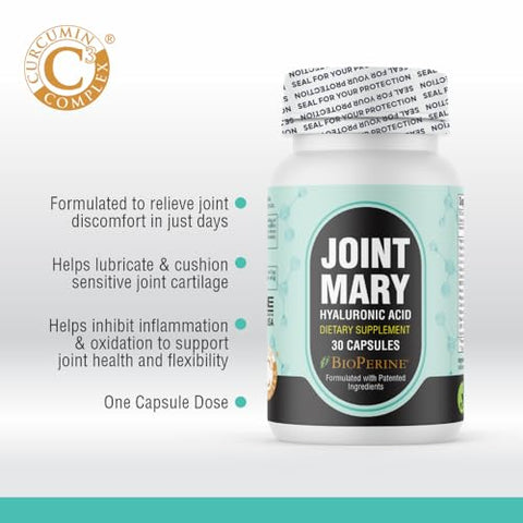 JOINT MARY - Suplemento Ácido Hialurônico – Suporte Avançado para Articulações com Colágeno Hidrolisado, Cúrcuma, Glucosamina, MSM, Vitamina C – 30 Cápsulas