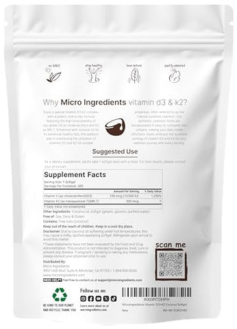 Micro Ingredients - Vitamina D3 10000 UI Plus K2 (MK-7) 200 mcg, 300 Softgels de Óleo de Coco Virgem | 2 em 1 Vitaminas D