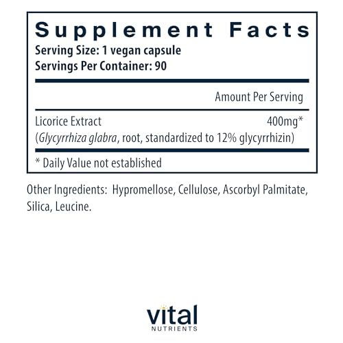 Extrato de Raiz de Alcaçuz – Suporte Imunológico Herbal – Suporte Adrenal – 90 Cápsulas Vegetarianas por Frasco – 400 mg - Vital Nutrients