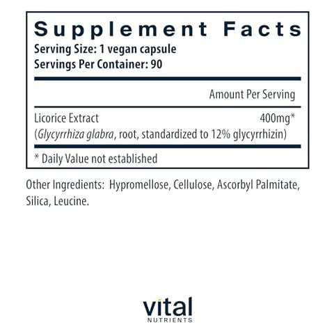 Extrato de Raiz de Alcaçuz – Suporte Imunológico Herbal – Suporte Adrenal – 90 Cápsulas Vegetarianas por Frasco – 400 mg - Vital Nutrients