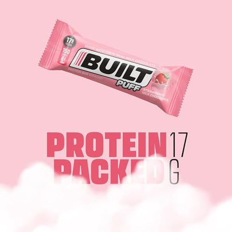 Built Bar - BUILT Barras de Proteína, Chocolate ao Leite Morango Puff, 12 barras, Snacks Proteicos, 17g de Proteína, Colágeno, Barra de Proteína de Chocolate com apenas 150 calorias