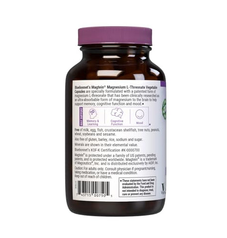Nutrition Magnésio L-Treonato, Memória – 60 cápsulas, 200mg - Bluebonnet