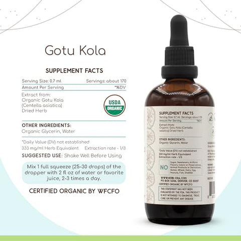 HerbEra - Gotu Kola B120 Tintura Orgânica USDA | Extrato Livre de Álcool, Gotas de Ervas de Alta Potência | Centella Asiática Certificada Orgânica (4 oz)
