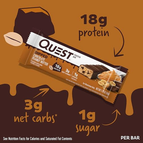 Barras de Proteína Dipped Chocolate Peanut Butter, 18g Proteína, 1g Açúcar, 3g Carboidratos Líquidos, Sem Glúten, 12 Unidades - Quest Nutrition