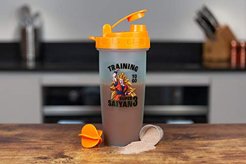 Garrafa Shaker Dragon Ball Z Super Saiyan Goku – 600ml Blender Bottle de Plástico Livre de BPA com Esfera Misturadora – Shake de Proteína, Substituto de Refeição, Mixer de Smoothie – Treino na Academia