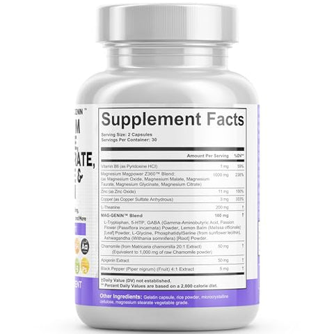 Clean Nutraceuticals - Magnésio Glicinato Complexo 1000mg com L-Teanina 200mg Apigenina 50mg Citrato de Taurato – 5-HTP GABA Flor de Maracujá Melissa L-Glicina Fosfatidilserina Ashwagandha