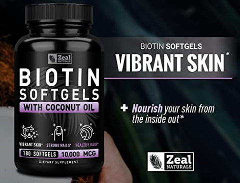 Biotina com Óleo de Coco para Cabelo 10000mcg (180 Softgels) – Vitaminas para Cabelo, Pele e Unhas – Cápsulas de Biotina para Mulheres e Homens - Zeal Naturals