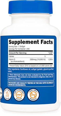 Vitamina D3 10.000 UI, 240 Cápsulas Softgel – Potente, Livre de OGM, Sem Glúten - Nutricost